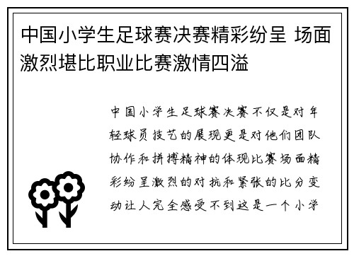 中国小学生足球赛决赛精彩纷呈 场面激烈堪比职业比赛激情四溢
